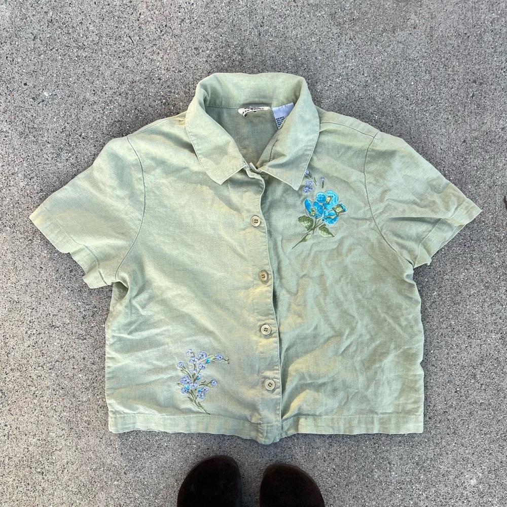 Embroidered Green Short Sleeve Top